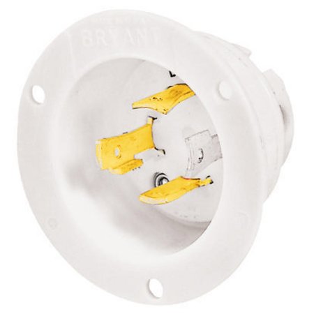 BRYANT Locking Device, Flanged Inlet, 30A 125/250V, 3-Pole 4-Wire Grounding, L14-30P, Screw Terminal, White 71430MB